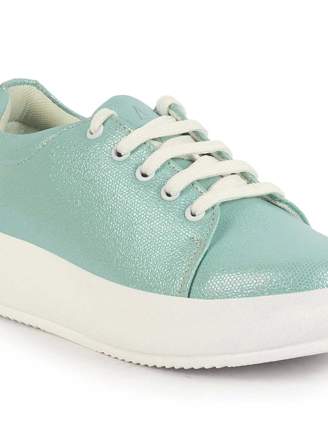 Women Pista Green Lightweight Height Enhancer Shiny Chunky Lace-Up Sneakers|Memory Cushion Insole|Evening Party Shoe