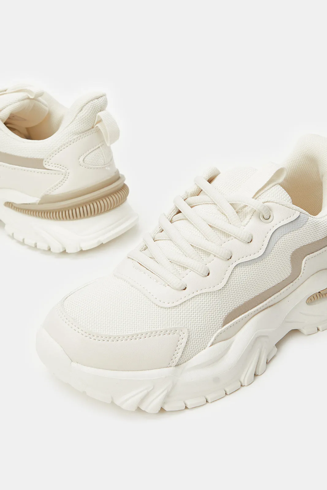 Women White Chunky Lace Up Trainers