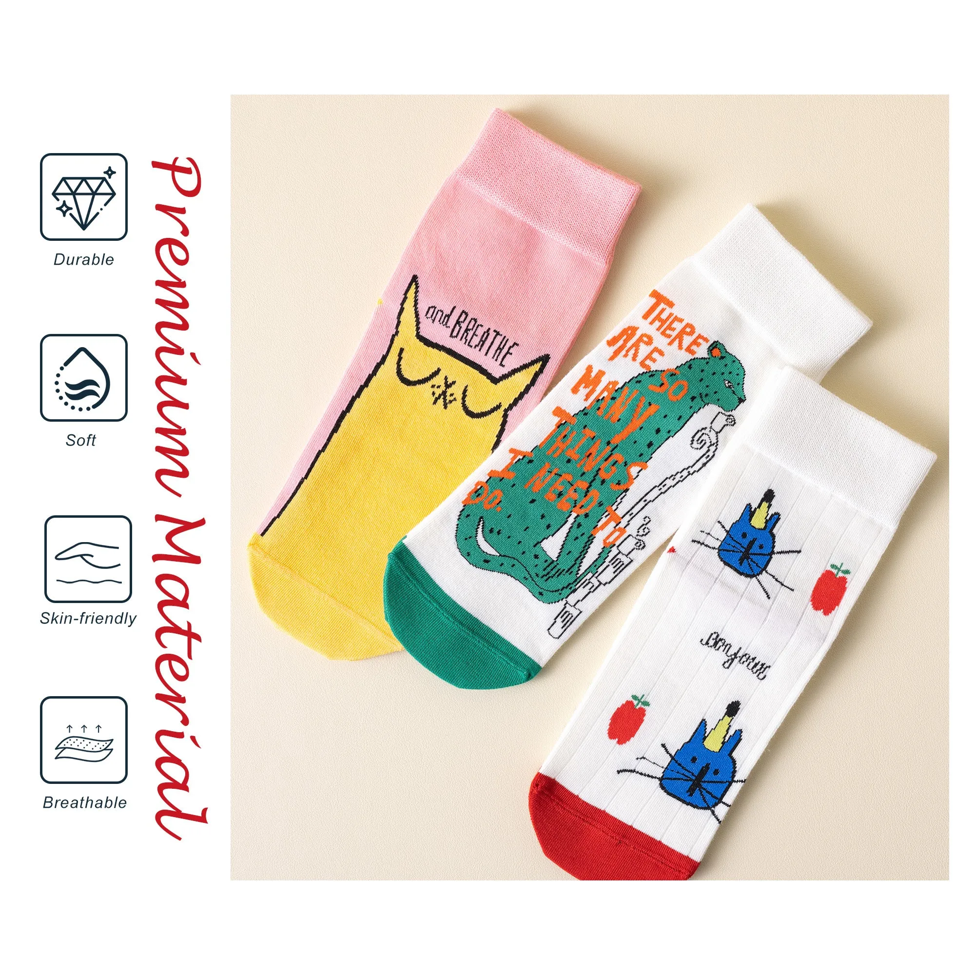 Womens Patterned Crew Socks Seamless Combed Cotton Funny Girls Cute Novelty Animal Flower Soft Socks Gifts 3 Pairs