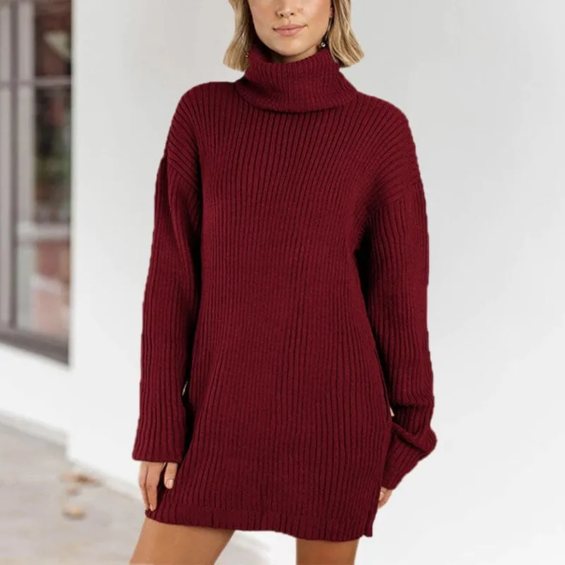 Women's Turtleneck Knit Long Sleeve Chunky Loose Sweater Dress