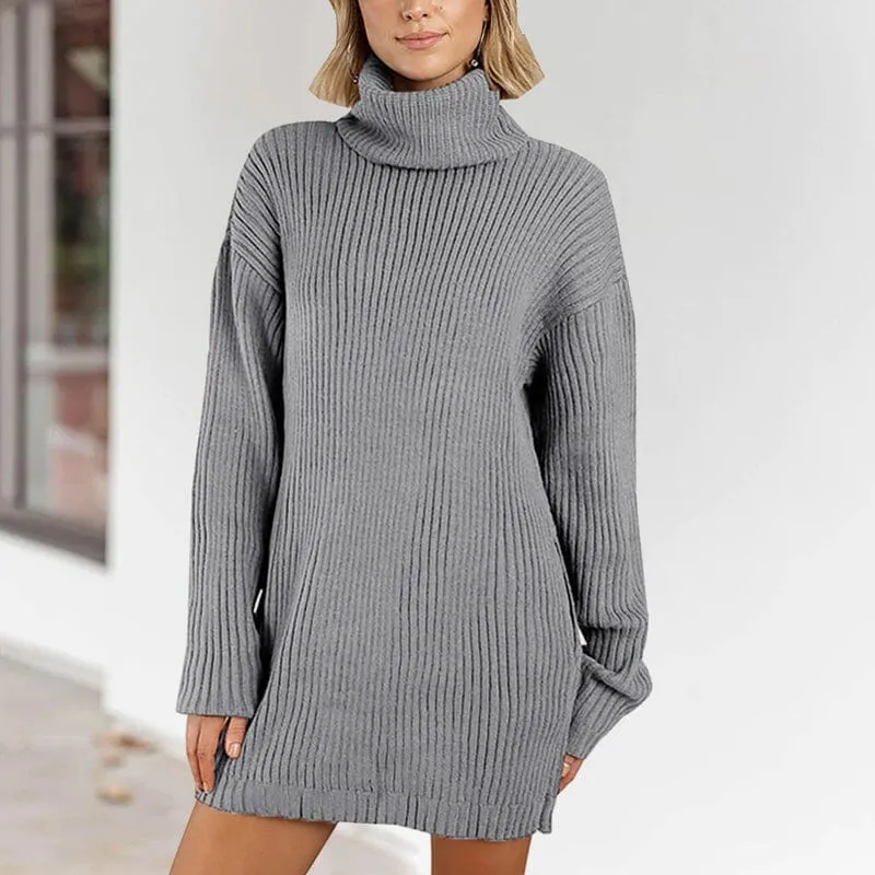 Women's Turtleneck Knit Long Sleeve Chunky Loose Sweater Dress