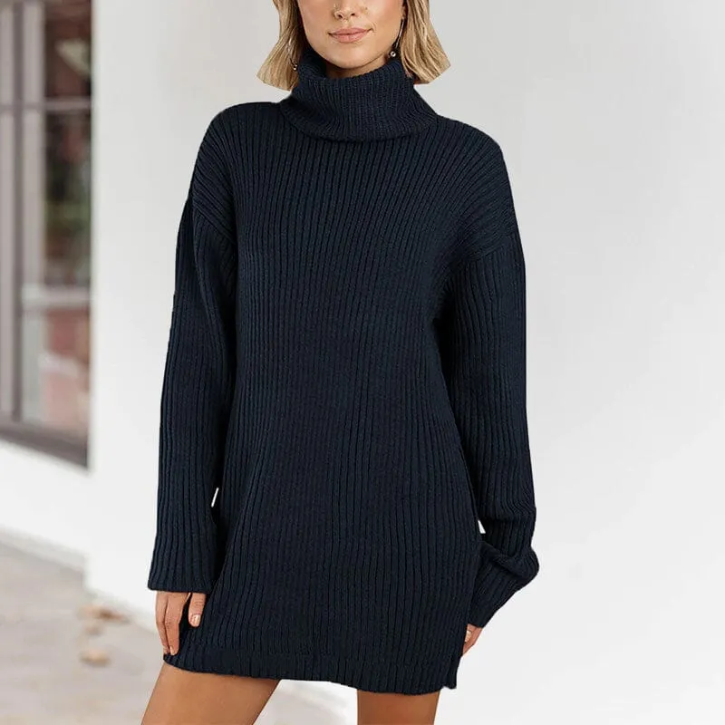 Women's Turtleneck Knit Long Sleeve Chunky Loose Sweater Dress