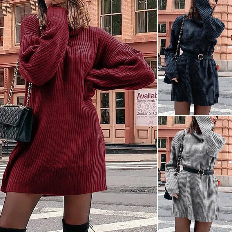 Women's Turtleneck Knit Long Sleeve Chunky Loose Sweater Dress