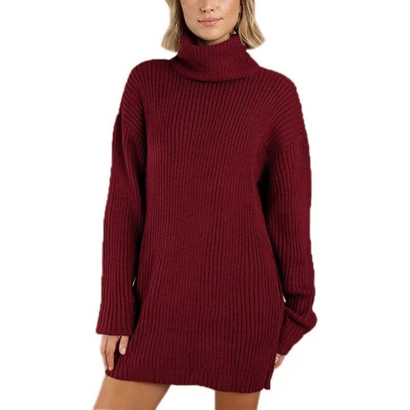 Women's Turtleneck Knit Long Sleeve Chunky Loose Sweater Dress